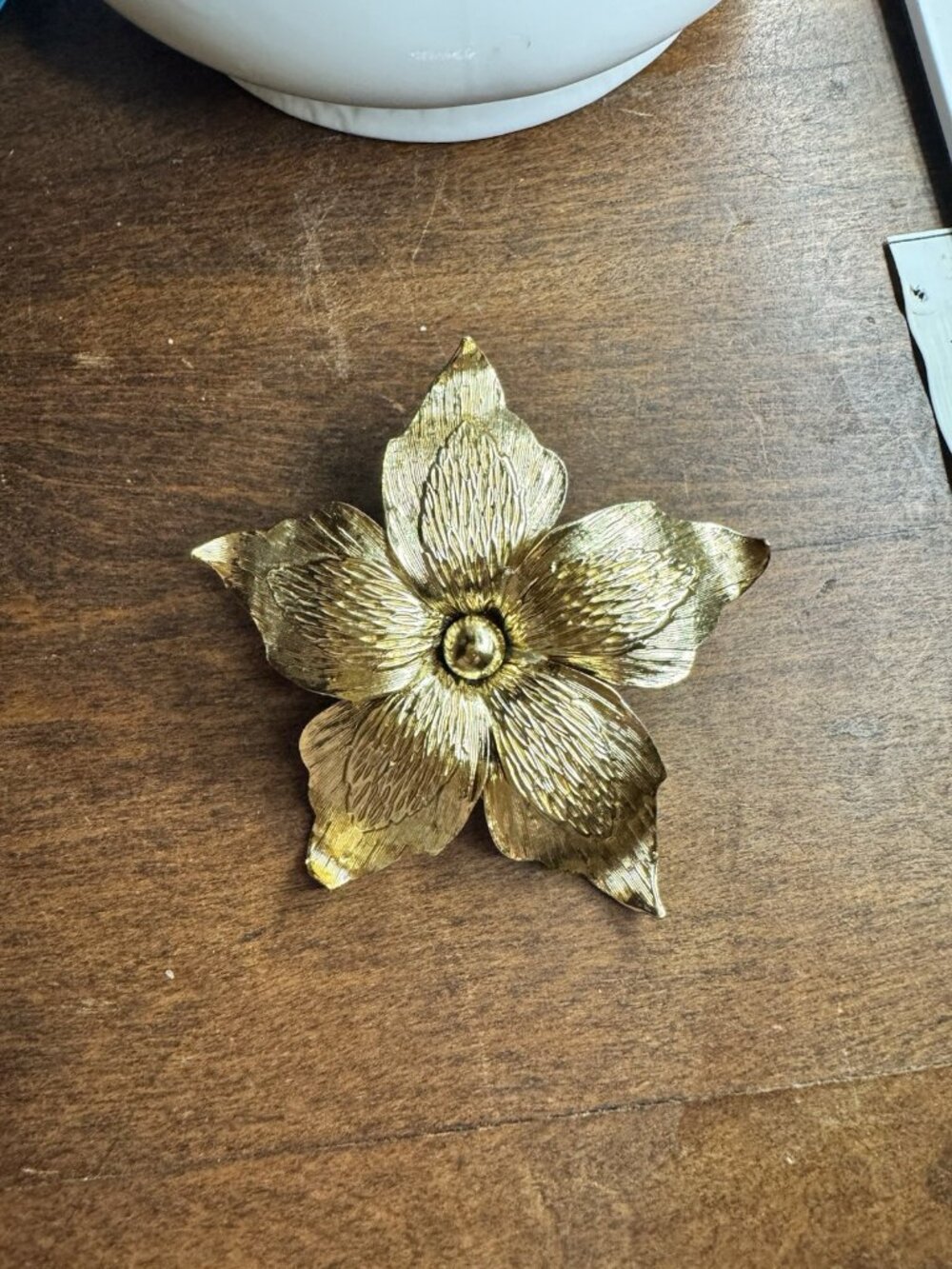 Vintage Coro Signed Gold Tone 3D Flower Brooch Textured Petals Mid Century Pin